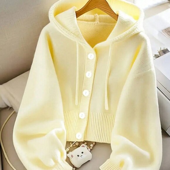 Yellow Casual Women's button down Long Sleeve Hooded Knit Cardigan - Picture 1 of 6